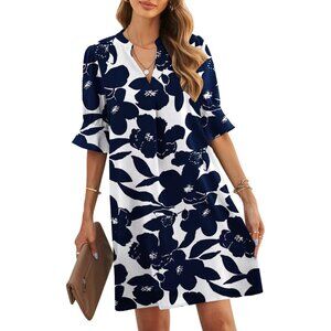 Womens White-Blue Polyster V-Neck Loose Fit Short Sleeve Knee Length Shift Dress